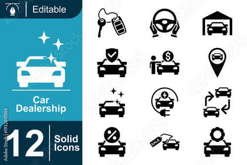 Car Dealership Icons Set Collection of Solid Icons Representing Automotive Sales, Services, and Financing Options