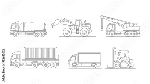 Construction Trucks in Line: A detailed outline drawing showcases a collection of construction trucks, each meticulously rendered to highlight their unique designs and functions.