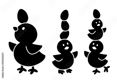 Cute farm chick silhouette vector set.
Easter baby chick silhouettes set.
Transparent background. SVG.