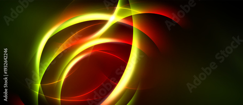 Abstract design features vibrant curves, glowing lines. Red, yellow, green hues blend into dark background. Dynamic energy radiates from center.