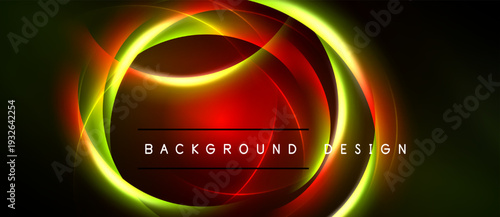 Abstract design features vibrant concentric circles. Red, yellow, green hues blend against dark backdrop. Modern, dynamic visual element.