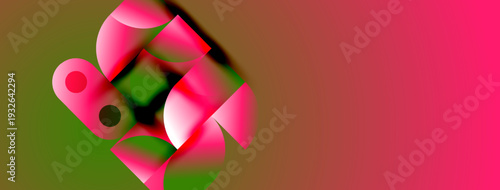 Abstract shapes blend pink, green hues. Gradient background creates modern visual impact. Composition feels dynamic, fluid.