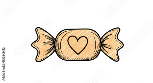 Hand-drawn colored sketch of a single candy in a wrapper with a small heart on the front isolated on a white background.