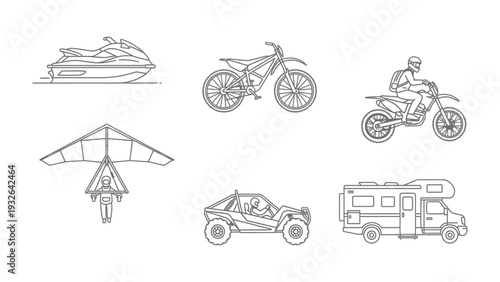 Vehicular Lineup: A curated selection of diverse vehicles, meticulously illustrated in a clean, minimalist line art style, inviting exploration of mobility, adventure, and the open road.