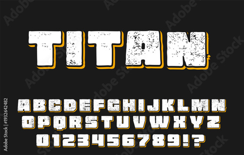 Titan Distressed Font - White Bold Alphabet with Orange Shadow on Black