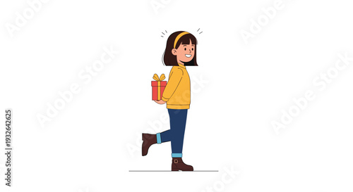 Young girl with brown hair wearing a yellow sweater and blue pants hiding a red gift box behind her back on a white background.