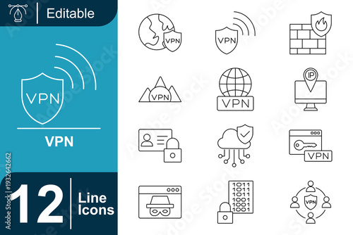 Secure Online Protection VPN Technology Icons Illustrating Data Privacy, Network Security, and Digital Identity Management Concepts