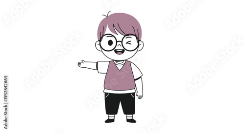 Cute young boy wearing glasses and a purple vest winking playfully while gesturing with one hand on a plain white background.