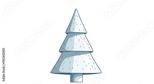 Stylized three-tiered pine tree covered in white snow with soft blue shading isolated on a plain white background.