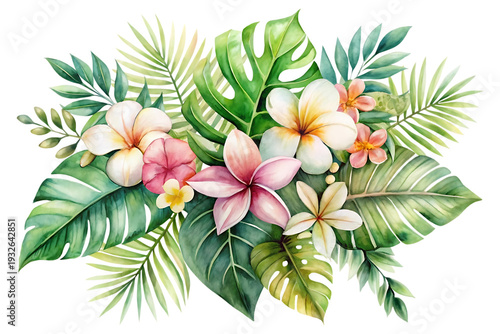 watercolor of tropical spring floral green leaves image transparent background