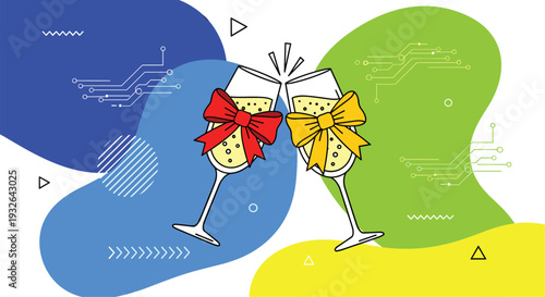 Two champagne glasses decorated with red and yellow bows clinking against a colorful abstract geometric background.