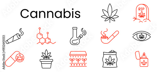 Cannabis set icon. Outline pictograms, gravestone leaf RIP, joint, molecule structure, bong, pipe, eye, capsule leaf, potted plant, greenhouse, package, lighter flame