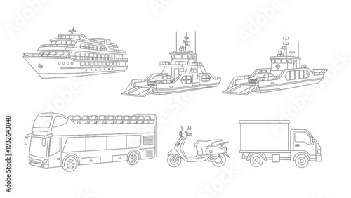 Transportation Mode Illustration: Detailed line art illustrations of diverse transportation modes, suitable for conveying travel, movement and shipping concepts
