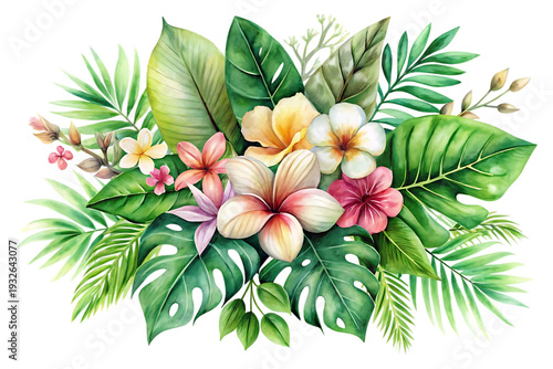 watercolor of tropical spring floral green leaves image transparent background