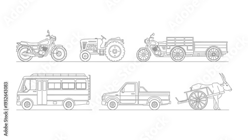 Transportation Lineup: A detailed outline of various modes of transport, ranging from a sleek motorcycle to a traditional cart, highlighting the diverse ways people move and travel.