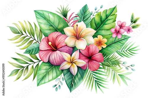 watercolor of tropical spring floral green leaves image
