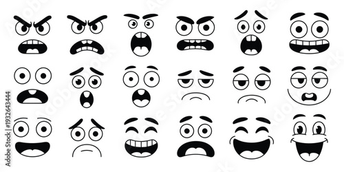 Cartoon face expressions flat vector, hand drawn emotional faces showing happiness, sadness, anger, surprise, and humor, bold comic style illustration