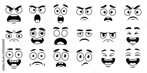 Cartoon face expressions flat vector, hand drawn emotional faces showing happiness, sadness, anger, surprise, and humor, bold comic style illustration