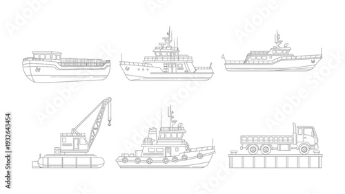 Marine Vessels: A comprehensive illustration of various marine vessels, showcasing their distinct silhouettes and functions, set against a pristine backdrop.