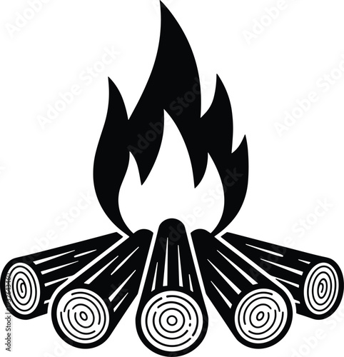 Campfire flame and firewood logs silhouette icon, black bonfire symbol for camping, outdoor adventure, survival concept, flat vector illustration isolated on white background