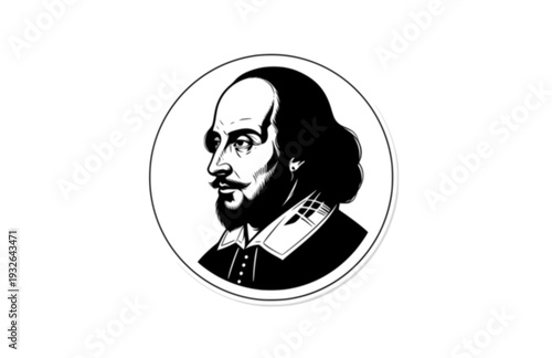 William Shakespeare Profile Silhouette, Classic Literature Vector Sticker, Renaissance Poet and Playwright History Icon