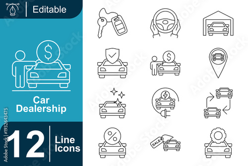 Collection of Line Icons for Car Dealership Business Key, Car, Dealership, Service, Electric Vehicle, Location, and more