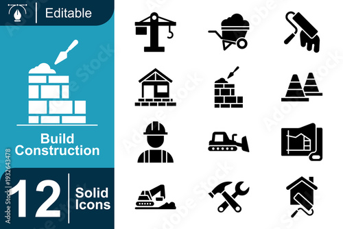 Build Construction Icons A Collection of 12 Solid Vector Graphics for Building and Engineering Projects
