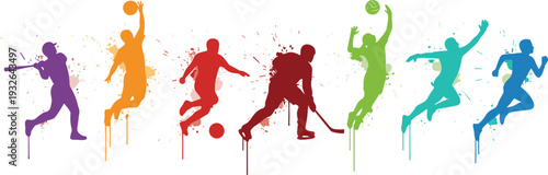 Colorful sports silhouettes illustration, dynamic athletes playing baseball, basketball, soccer, hockey, volleyball, tennis, running, energetic action splash backgrou

