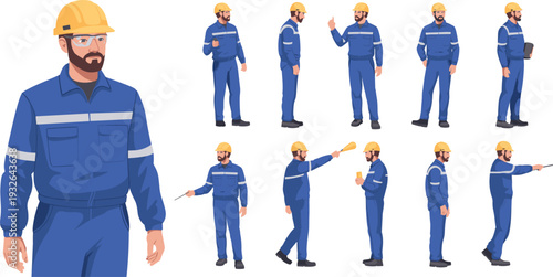 Construction engineer character vector illustration set with hard hat safety uniform multiple poses gestures front side back views
