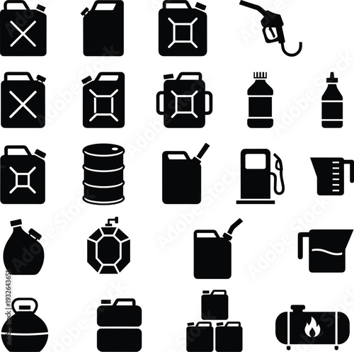 Fuel container and gas station equipment icon set, black silhouette jerrycan, gasoline pump, oil barrel, propane tank, flat vector illustration isolated on white background