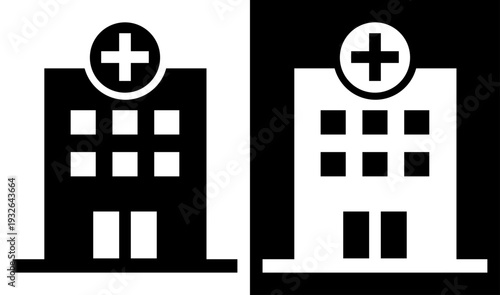 Hospital Building with Cross Icon Vector – Minimal Medical Clinic Center Symbol in High Contrast Black on White and White on Black, Healthcare Facility Sign for Map, UI and Infographic.