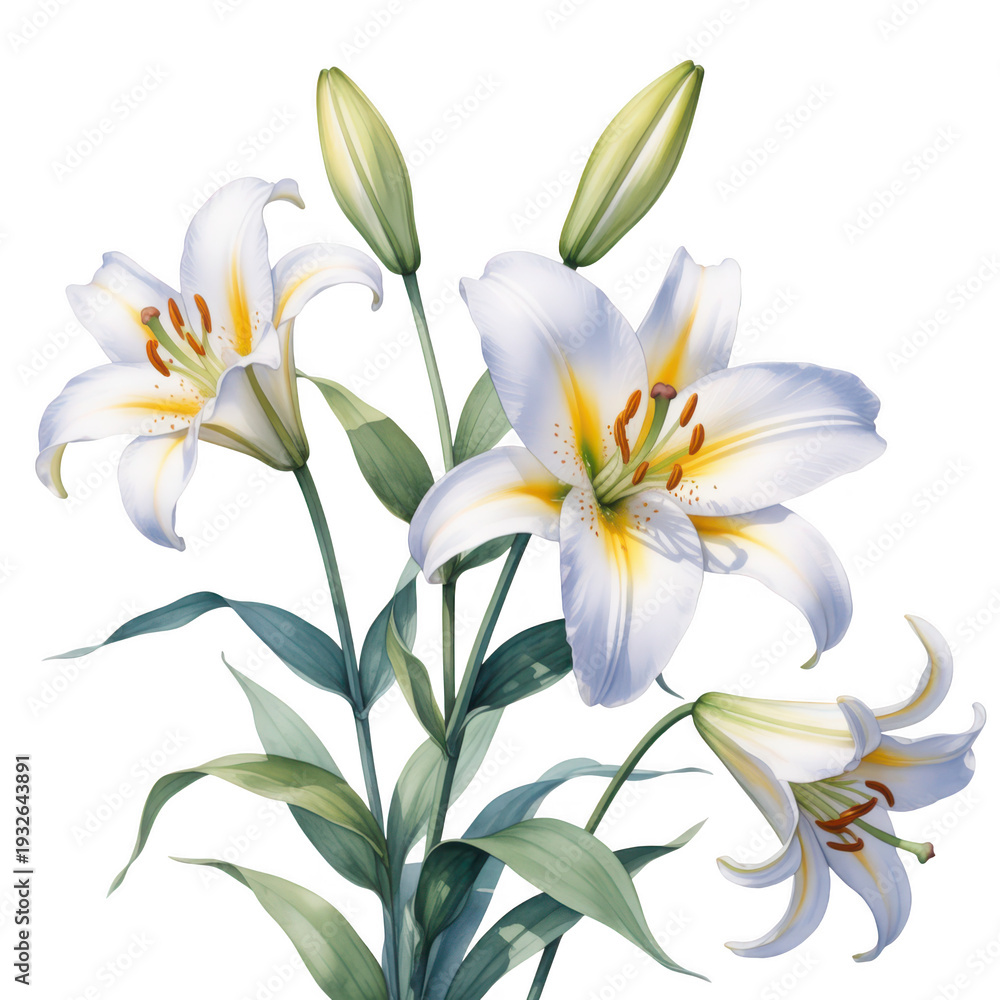 Fototapeta premium Beautiful white lilies with yellow centers and green leaves isolated on transparent background