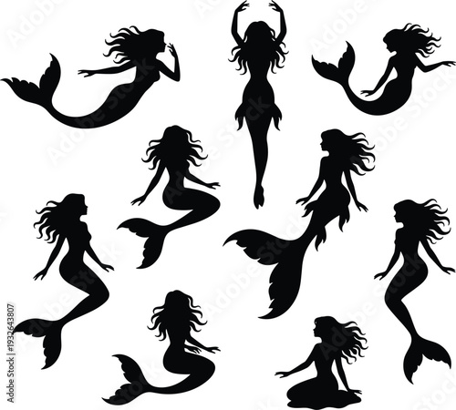 Mermaid silhouette collection vector illustration, fantasy sea siren characters in various poses, black flat design icons isolated on white background for logo, tattoo, decor