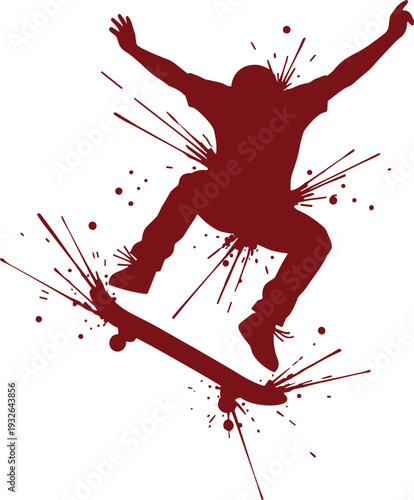 Skateboarder silhouette performing trick with grunge paint splatter, extreme sport urban street style vector illustration isolated on white background