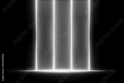 Purple orange vertical light beams composition. Four glowing columns with violet upper glow, warm base line, smooth gradients, dark backdrop, vibrant neon illumination atmosphere.