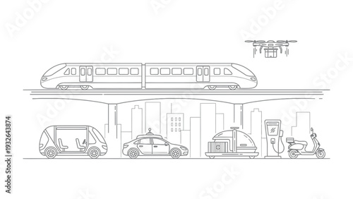 Future Transport in Modern City: Futuristic vehicles, from sleek trains to autonomous cars and drones, move seamlessly in a modern cityscape, showcasing advancements in technology and transport.