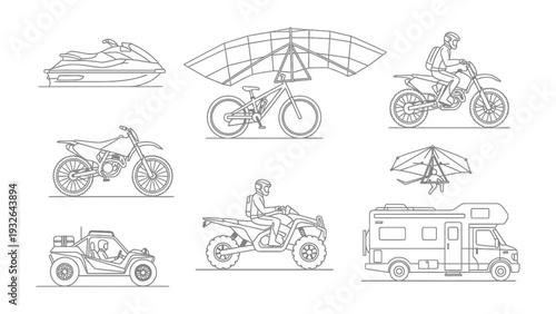 Adventure Vehicles Lineup: A curated selection of adventure vehicles, from a personal watercraft to a recreational vehicle, poised for thrill-seeking excursions.