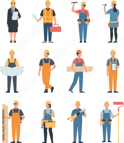Construction Worker and Engineer Character Set with Builders Holding Tools in Safety Helmets Flat Vector Illustration Collection