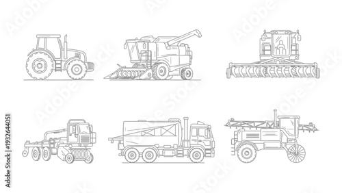 Agricultural Machinery: Detailed line art illustrations of various agricultural machines, including a tractor, combine harvester, and other farming vehicles.
