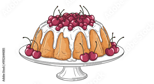 Delicious bundt cake with dripping white glaze and fresh red cherries on top is presented on a white pedestal stand for a celebration.