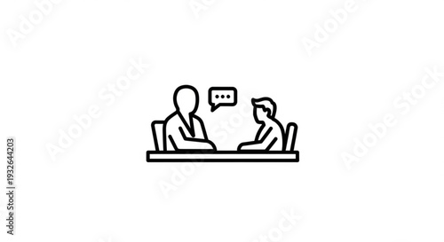 Simple illustration of two people communicating across a table in a minimalist setting from a straightforward viewpoint