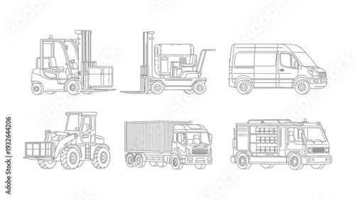 Logistics Lineup: A series of industrial vehicles, showcasing a line art illustration of the workhorse transport. 