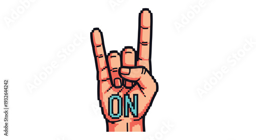 Pixel art illustration of a hand gesture showing the rock and roll sign with the word on written across the palm in blue letters.