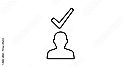 Simple line illustration of a person with a checkmark above their head symbolizing approval or validation from a straightforward front viewpoint