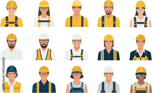 Construction Worker Avatar Collection with Diverse Male and Female Engineers in Safety Helmets Flat Vector Portrait Illustration Set