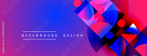 Abstract vibrant background. Geometric shapes overlap, creating dynamic purple, blue gradients. Modern design elements present sleek visual appeal.