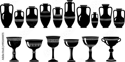 Ancient Greek Amphora and Roman Pottery Silhouette - Classical Antique Vase and Ceramic Vessel Vector