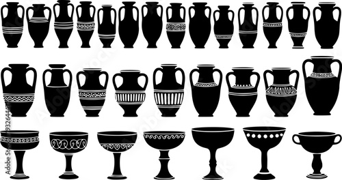 Ancient Greek Amphora and Roman Pottery Silhouette - Classical Antique Vase and Ceramic Vessel Vector