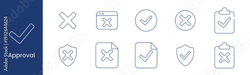Approval set icon. Collection with cross mark, browser cross, check circle, cancel circle, approved clipboard, shield cross, document cross, document check, shield check, rejected clipboard.
