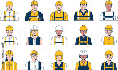 Construction Worker Avatar Set with Diverse Male and Female Engineers Wearing Safety Helmets Flat Vector Portrait Collection